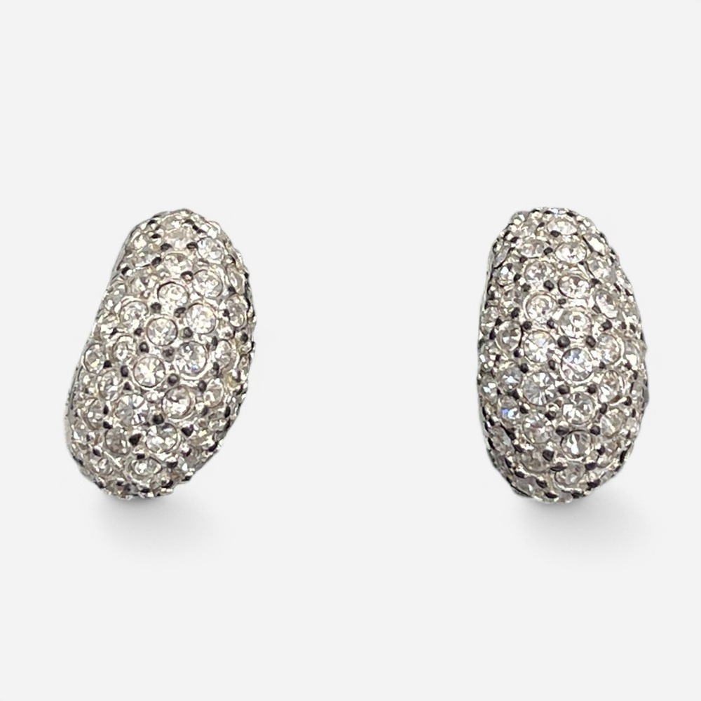 Vintage Roman Silver Dome Huggie Earrings‎ Rhinestones Pave Stud Post